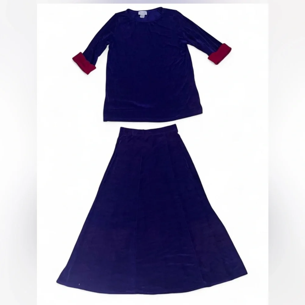 Vintage 80s purple velvet 2-piece set maxi skirt and top with red accents medium